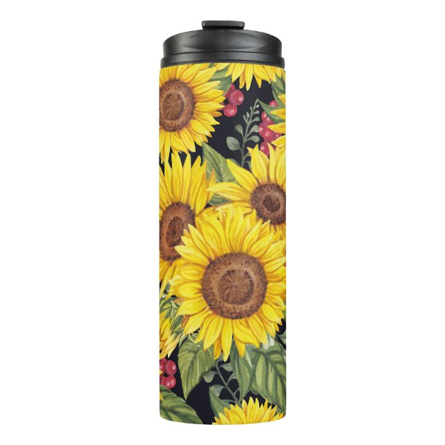 Sunflowers field: watercolor black background thermal tumbler (Front)