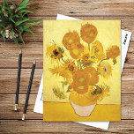 Sunflowers Fifteen Yellow Vincent van Gogh Postcard<br><div class="desc">A postcard featuring the post-impressionist painting,  Vase of Fifteen Sunflowers (1888) by the Dutch artist Vincent Van Gogh (1853-1890). This artwork depicts a vase of yellow flowers set against a golden background. Van Gogh created numerous versions of sunflower paintings.</div>