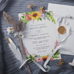 Sunflowers Floral Pink Rustic Chic QR Code Wedding Invitation