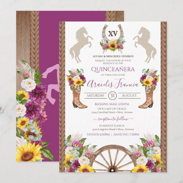 Sunflowers Floral Rustic Charro Quinceanera Invita Invitation (Front/Back)