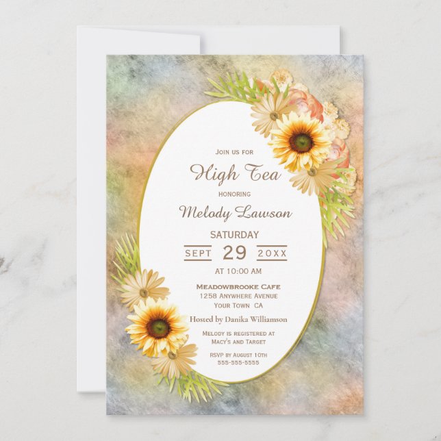 Sunflowers Floral with Gold Frame High Tea Invitation (Front)