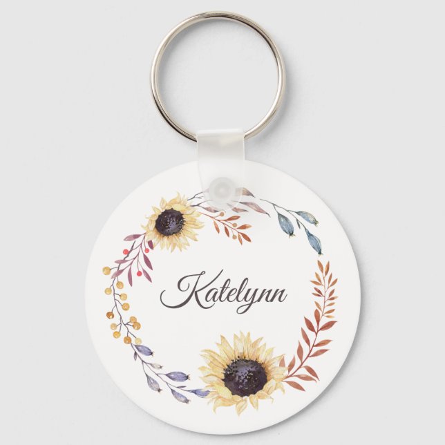 Sunflowers Floral Wreath Personalized Key Ring (Front)