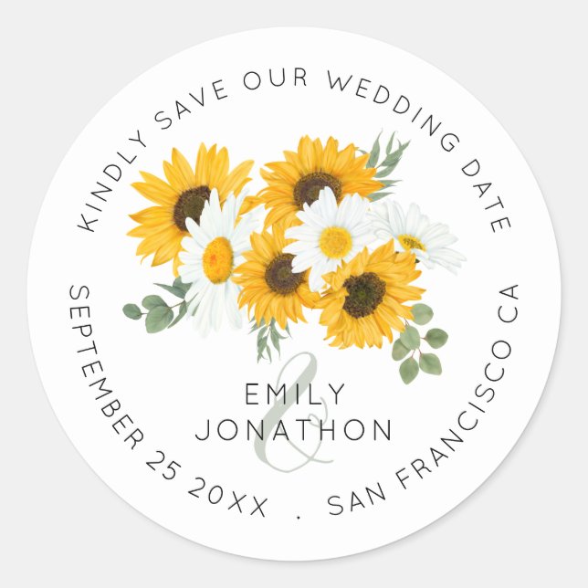 Sunflowers Florals Elegant Save The Date Classic Round Sticker (Front)