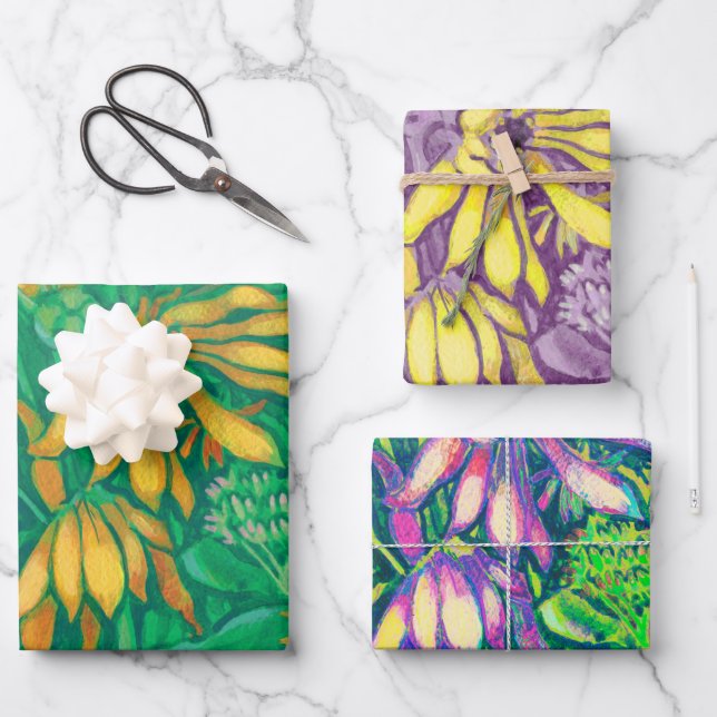 Sunflowers Flowers Floral Art Green Yellow Purple Wrapping Paper Sheet (Front)