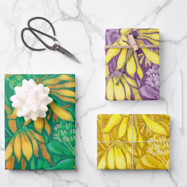 Sunflowers Flowers Floral Art Green Yellow Violet Wrapping Paper Sheet (Front)