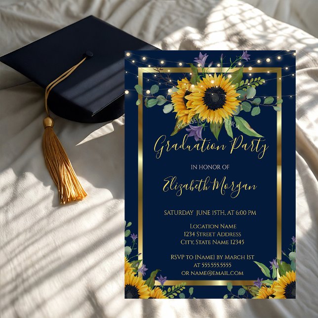 Sunflowers Flowers Lights, Wood Graduation Party Invitation (Creator Uploaded)