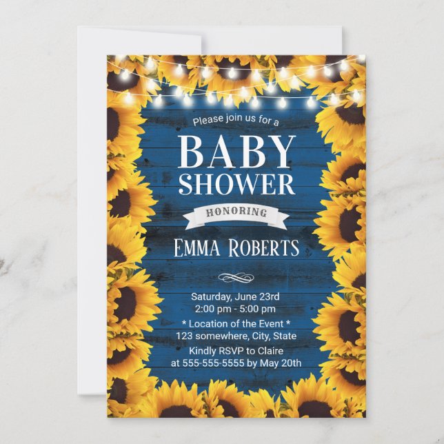 Sunflowers Framed Navy Blue Barn Wood Baby Shower Invitation (Front)