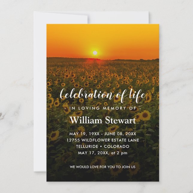 Sunflowers Funeral | Sunset Celebration of Life Invitation (Front)