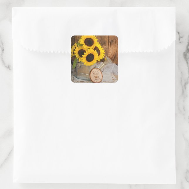 Sunflowers Garden Watering Can Wedding Thank You Square Sticker (Bag)