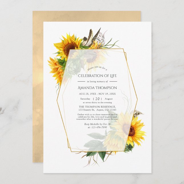 Sunflowers Geometric Celebration of Life Photo Invitation (Front/Back)