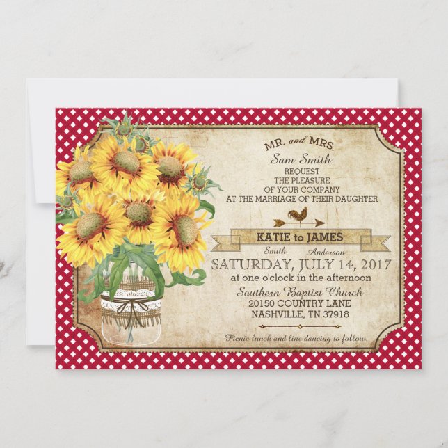 Sunflowers Gingham Check Country Picnic Wedding Invitation (Front)