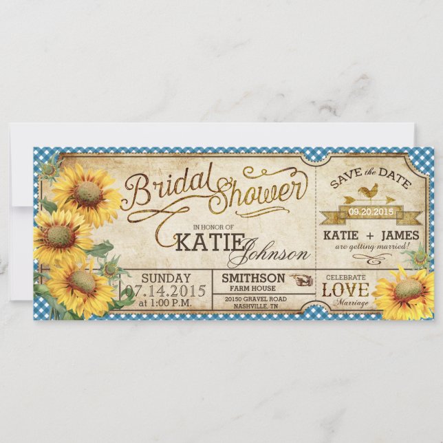 Sunflowers Gingham Country Picnic Bridal Shower Invitation (Front)