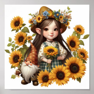 Sunflowers girl gnome poster