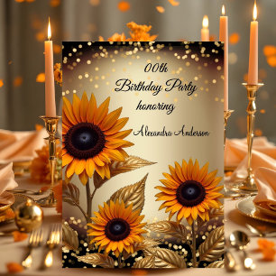 Sunflowers Glitter Bronze Gold Black Birthday Invitation