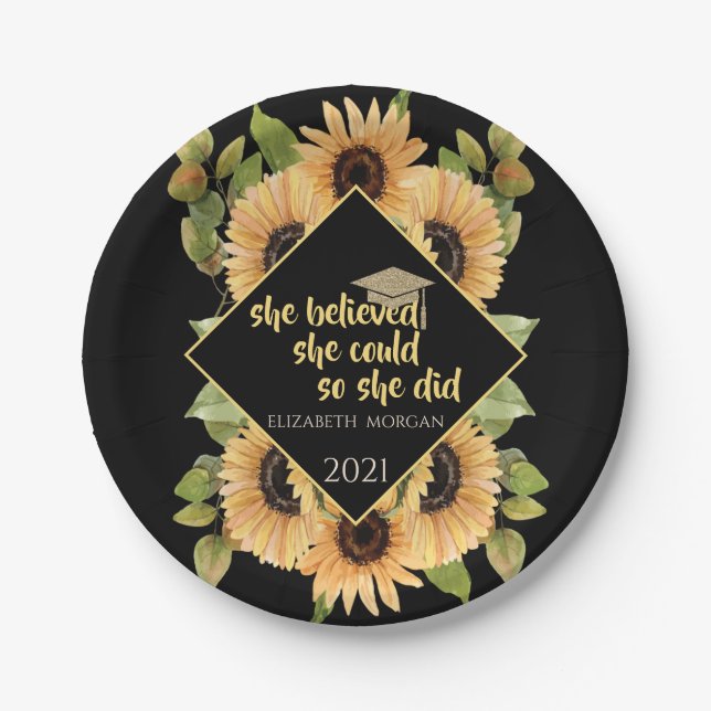 Sunflowers Glitter Graduate Cap Beverage Coaster K Paper Plate (Front)