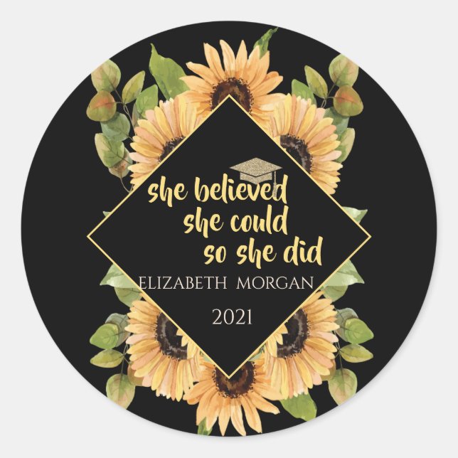 Sunflowers Glitter Graduate Cap   Classic Round Sticker (Front)