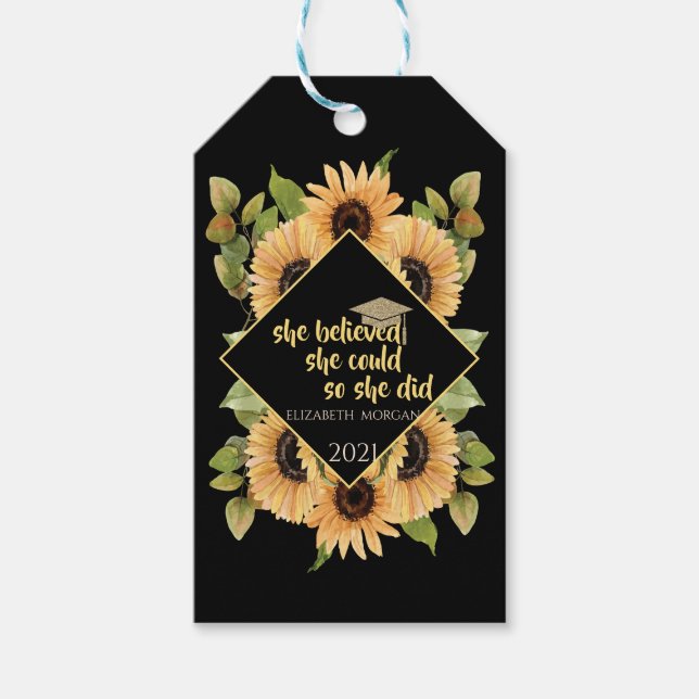 Sunflowers Glitter Graduate Cap   Gift Tags (Front)