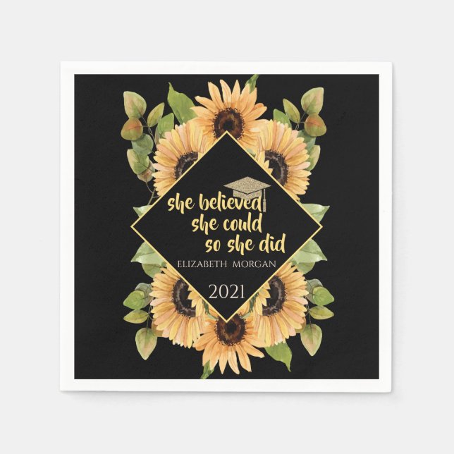 Sunflowers Glitter Graduate Cap Napkin (Front)