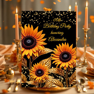 Sunflowers Glitter Orange Gold Black Birthday Invitation