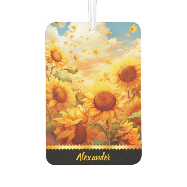 Sunflowers glow under a golden dusk car air freshener (Back)