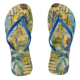 Sunflowers, gold and teal, fine art flip flops
