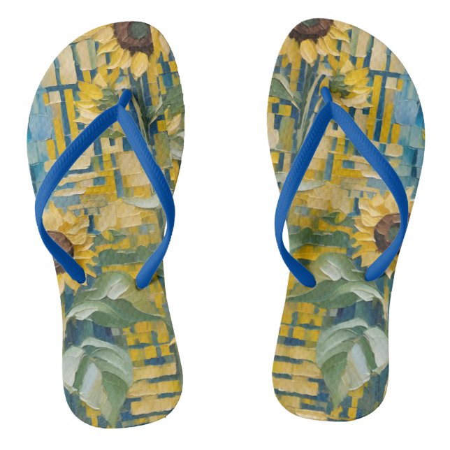 Sunflowers, gold and teal, fine art flip flops (Footbed)