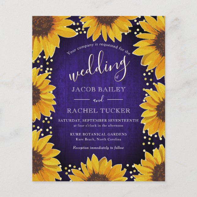 Sunflowers Gold Dots Blue Wood Wedding Invitation (Front)