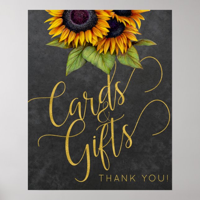 Sunflowers gold script cards and wedding sign (Front)