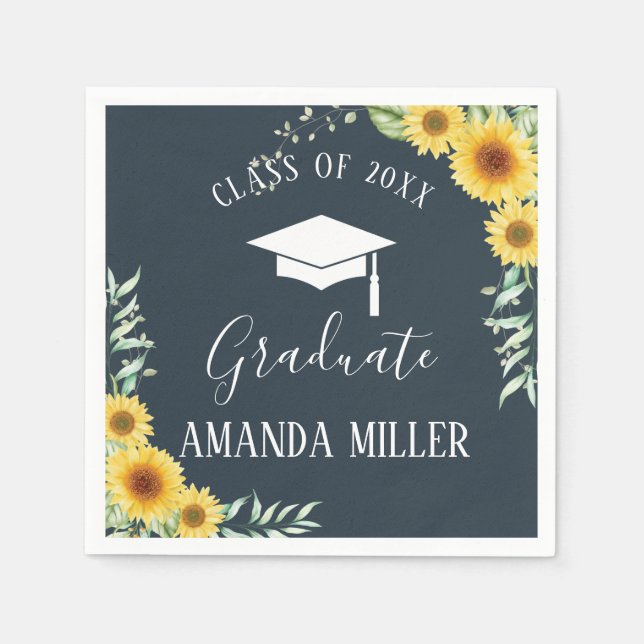 Sunflowers Graduation Party blue paper napkins (Front)