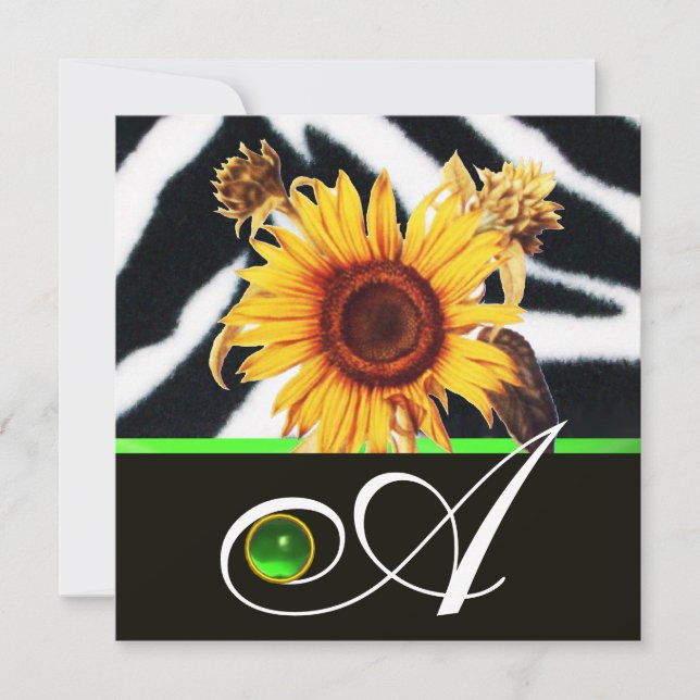 SUNFLOWERS GREEN BLACK WHITE ZEBRA FUR MONOGRAM INVITATION (Front)