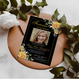 Sunflowers Greenery Black White Memorial Funeral Invitation