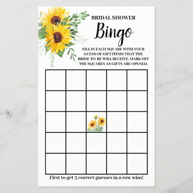 Sunflowers Greenery Bridal Shower Bingo Game Card (Front)
