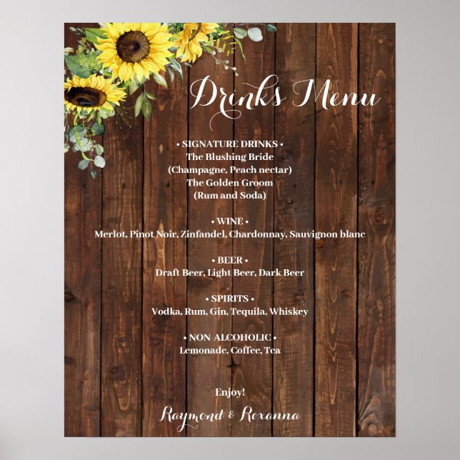 Sunflowers Greenery Drinks Menu Wedding Sign (Front)