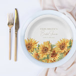 Sunflowers greenery elegant bridal shower paper plate<br><div class="desc">Vibrant yellow sunflower floral blooms bouquet border with greenery foliage making elegant boho chic spring summer fall garden bridal shower personalised paper plates with whimsical elegant modern hand lettered calligraphy script over a white background.</div>