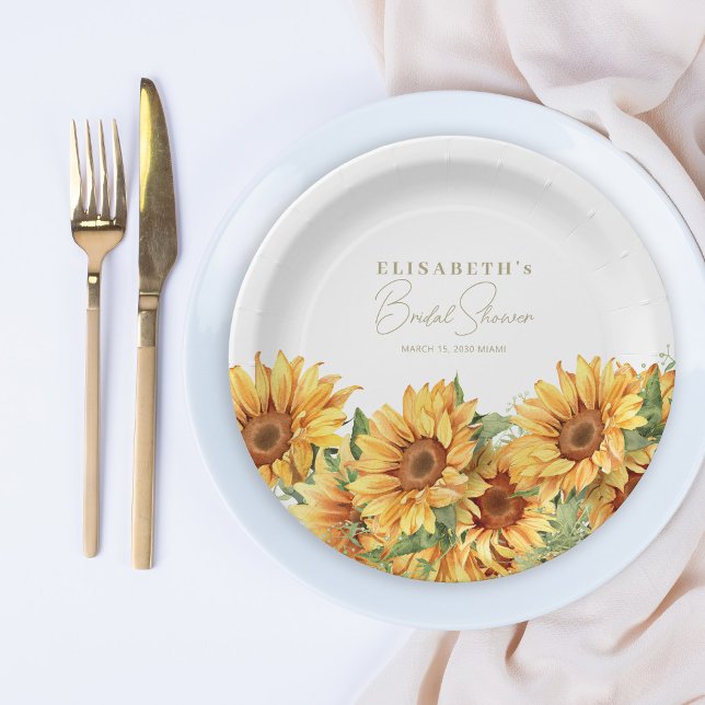 Sunflowers greenery elegant bridal shower paper plate (Creator Uploaded)