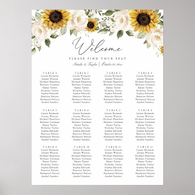 Sunflowers Greenery Elegant Wedding Seating Chart (Front)