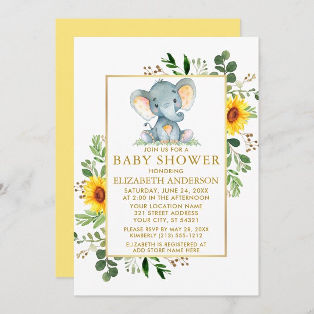 Sunflowers Greenery Elephant Baby Shower Gold Invitation (Front/Back)