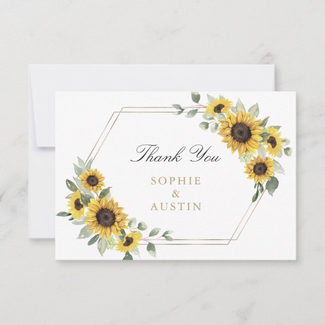 Sunflowers Greenery Geometric Gold Wedding Thank You Card (Front)