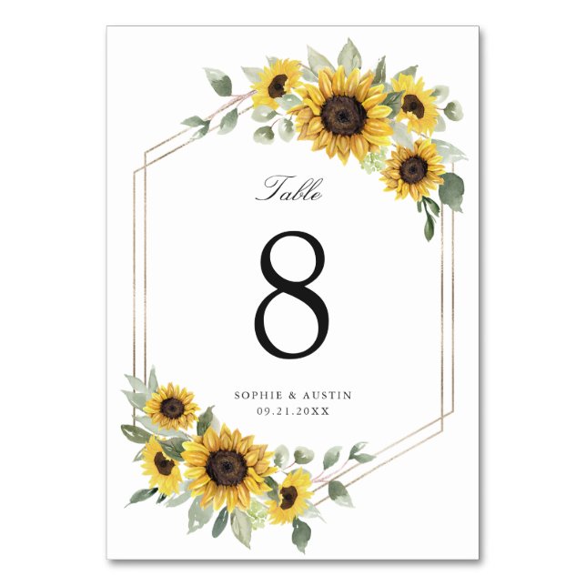 Sunflowers Greenery Gold Geometric Wedding Table Number (Front)