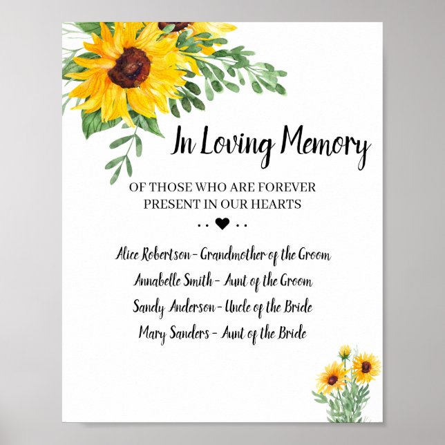 Sunflowers Greenery In Loving Memory Wedding Sign (Front)