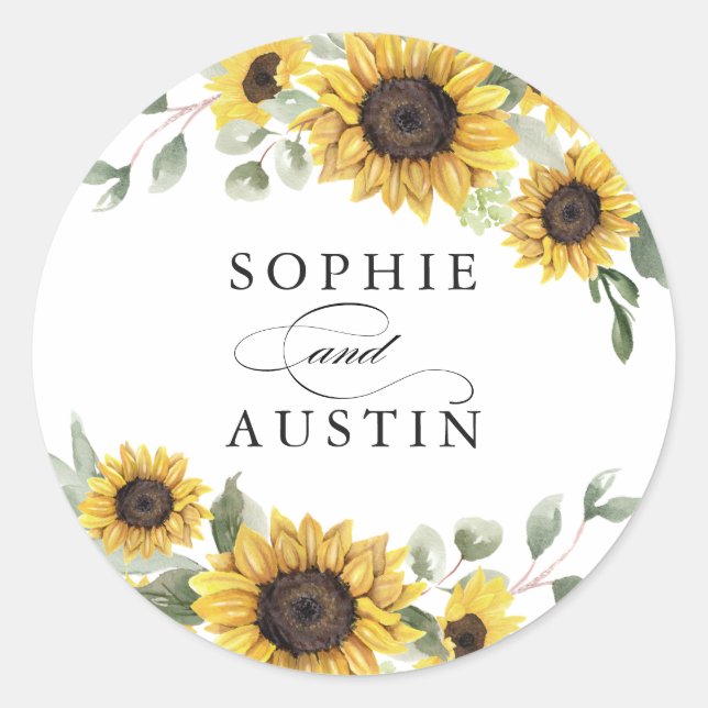 Sunflowers Greenery Olive Eucalyptus Envelope Classic Round Sticker (Front)