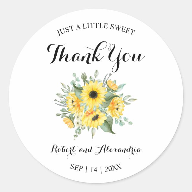 Sunflowers Greenery Sweet Treat Wedding Thank You Classic Round Sticker (Front)