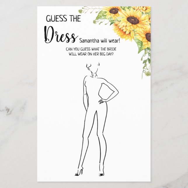 Sunflowers Guess the Dress Bridal Shower Game Card (Front)