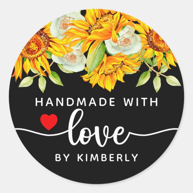 Sunflowers Handmade with Love Black Classic Round Sticker (Front)