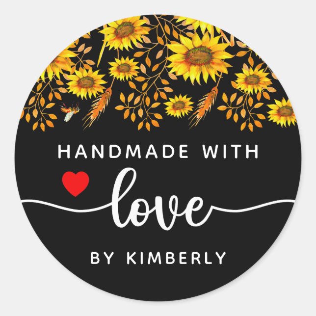 Sunflowers Handmade with Love Black Classic Round Sticker (Front)