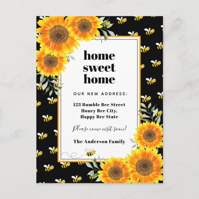 Sunflowers happy bumble bees new home moving announcement postcard (Front)