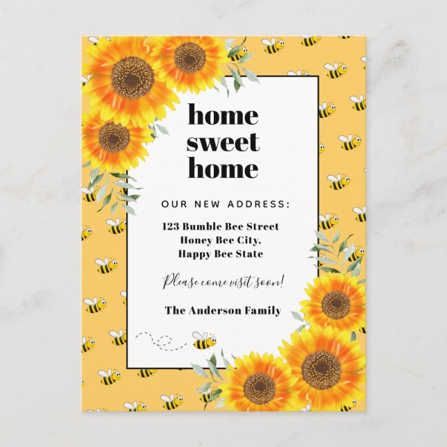 Sunflowers happy bumble bees new home moving holiday postcard (Front)
