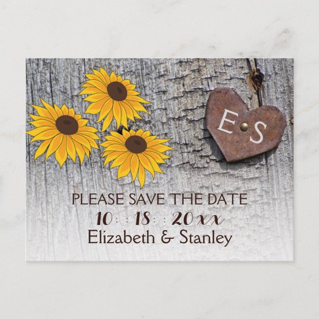 Sunflowers & heart on wood wedding Save the Date Announcement Postcard (Front)