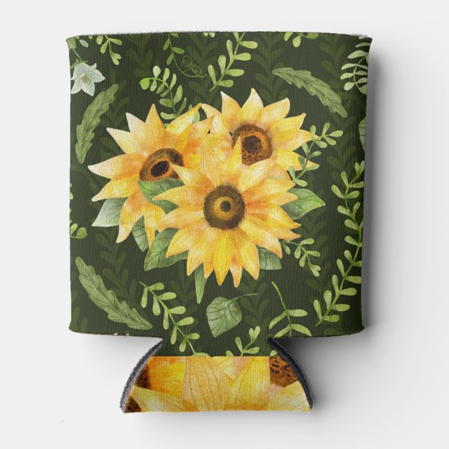Sunflowers Herbs Leaves Watercolor Pattern Can Cooler (Front)