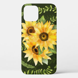 Sunflowers Herbs Leaves Watercolor Pattern iPhone 12 Case